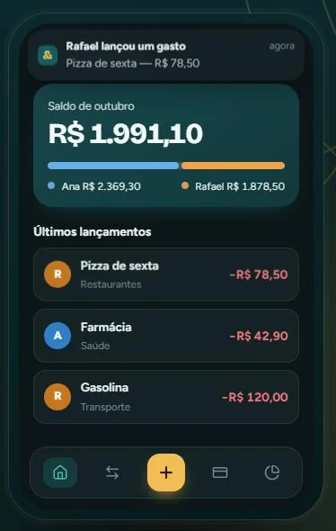 Tela do FinançasJuntos com saldo do casal, divisão entre Ana e Rafael e últimos lançamentos
